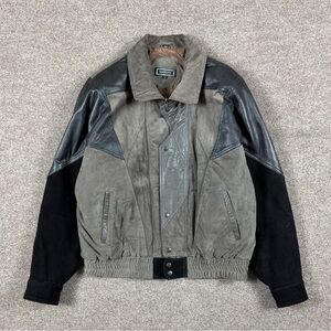 Vintage Saxony Black Grey Suede Leather Patchwork Bomber Jacket Mens L Retro 90s